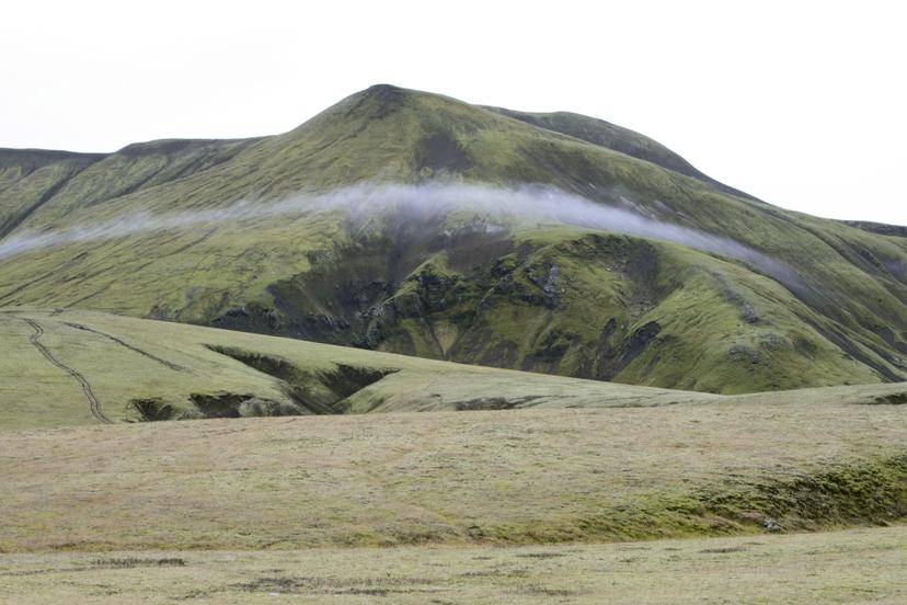 A horizontal strip of misty cloud stretches across a mossy mountain beneath a white sky.
