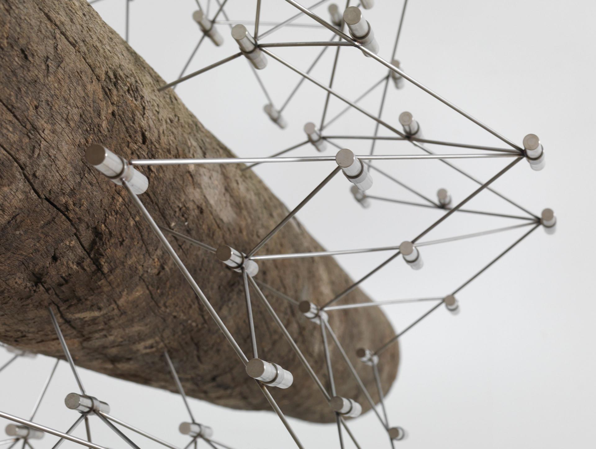 A close-up of a suspended driftwood log in front of a white wall, its midsection encased in a delicate lattice of metal rods connected with intricate joints.