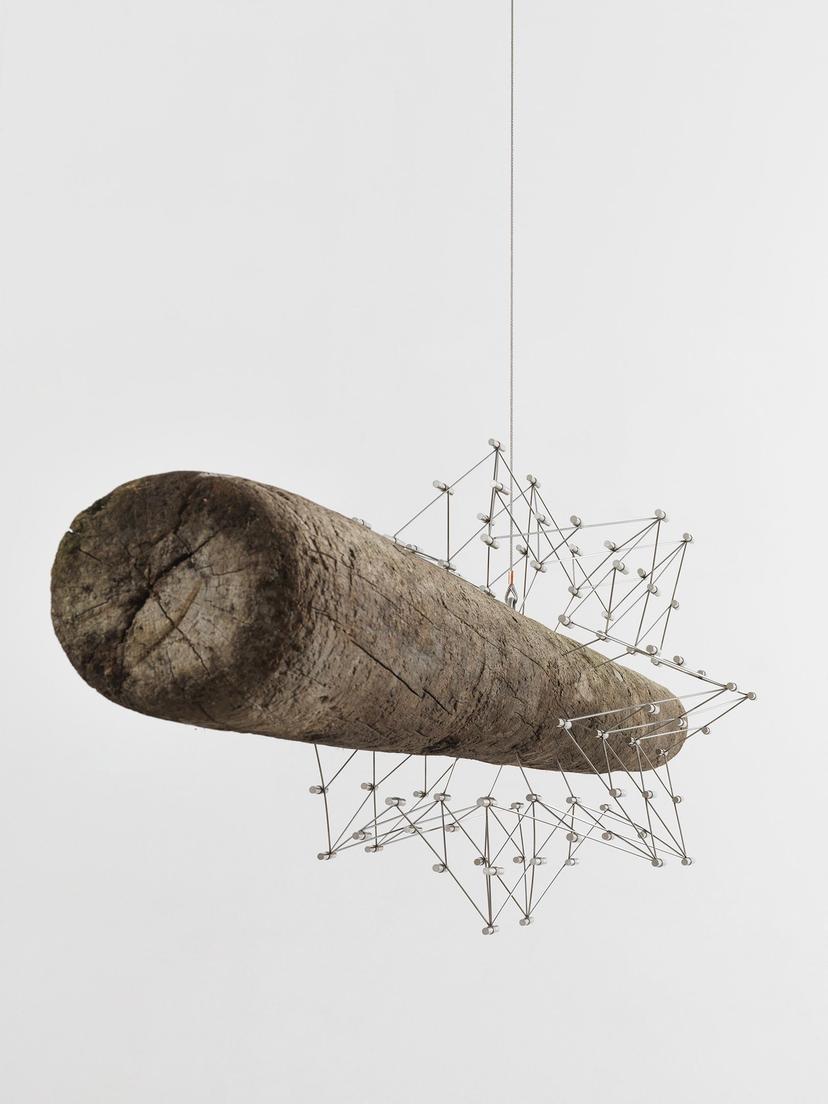 A driftwood log suspended horizontally in front of a white wall, surrounded by a symmetrical web of metallic rods and connectors.