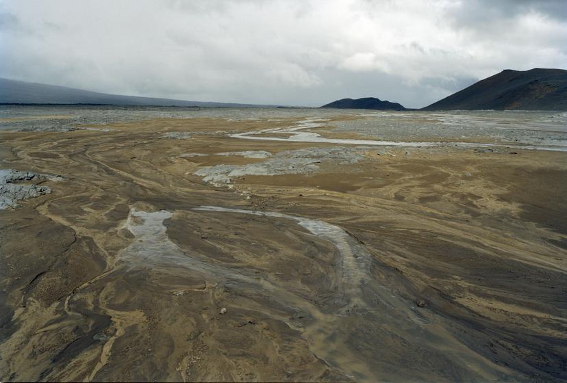 A wide, muddy wetland plain with branching, water-filled channels weave toward distant low hills, with pale grey patches of ground and a cloudy sky above.